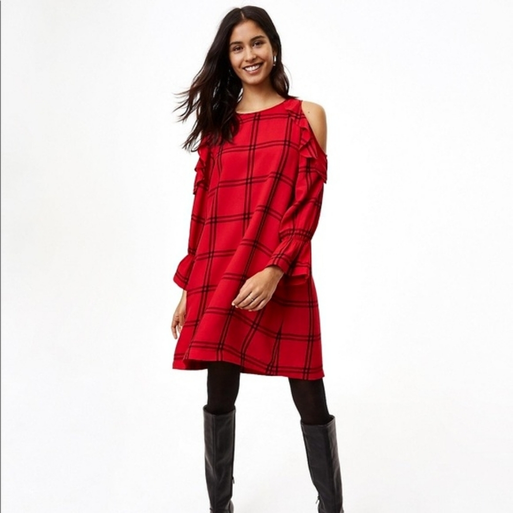 NEW LOFT Red Black Windowpane Plaid Ruffle Cuff Cold Shoulder Mini Dress Small